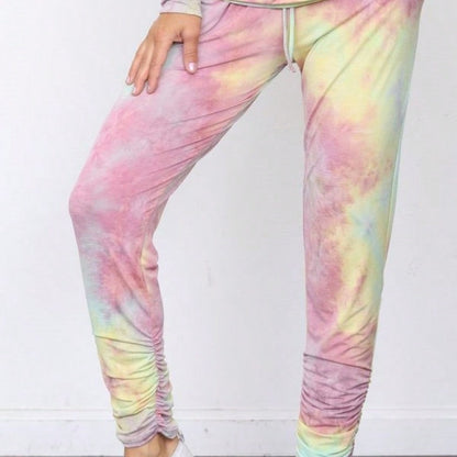Boho Retro 90's Tie Dye Pink Blue Solid Olive Navy Black Charcoal  Grey Shirred Ruched Cuff  Jogger Pants With Drawstring And Pocket