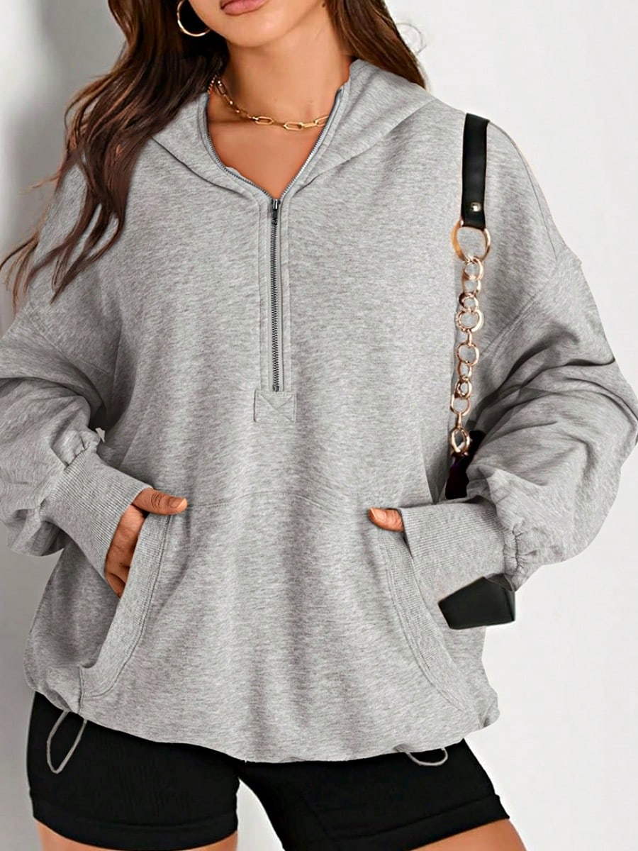 Boho Retro Vintage 90's Cotton  Solid Kangaroo Front Pocket Long Sleeve Zip Up Top Sweatshirt Hoodie Pullover Hooded