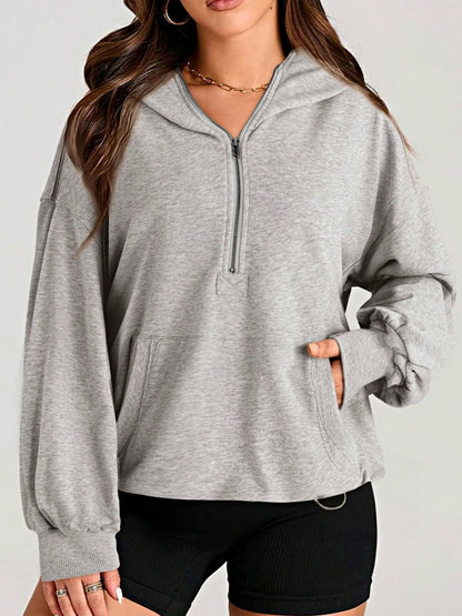 Boho Retro Vintage 90's Cotton  Solid Kangaroo Front Pocket Long Sleeve Zip Up Top Sweatshirt Hoodie Pullover Hooded