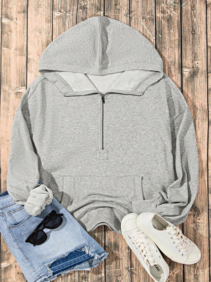 Boho Retro Vintage 90's Cotton  Solid Kangaroo Front Pocket Long Sleeve Zip Up Top Sweatshirt Hoodie Pullover Hooded