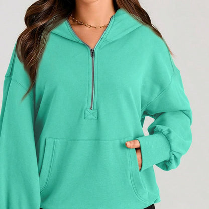 Boho Retro Vintage 90's Cotton  Solid Kangaroo Front Pocket Long Sleeve Zip Up Top Sweatshirt Hoodie Pullover Hooded