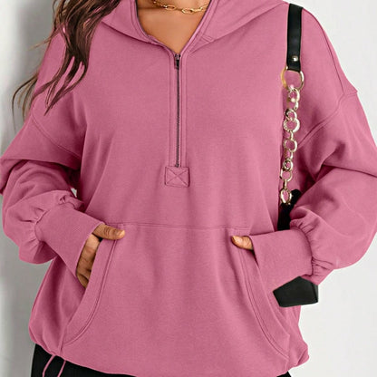 Boho Retro Vintage 90's Cotton  Solid Kangaroo Front Pocket Long Sleeve Zip Up Top Sweatshirt Hoodie Pullover Hooded