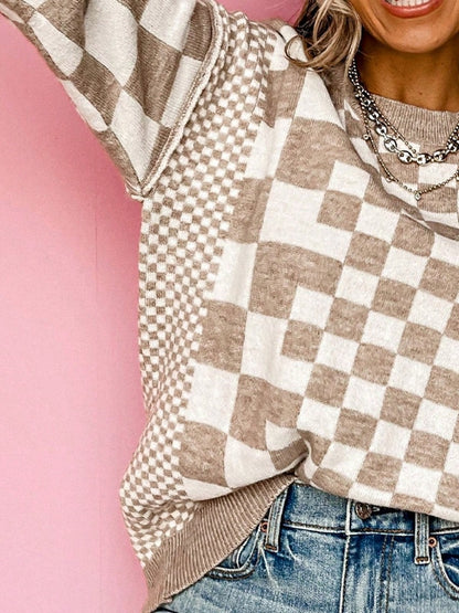 Boho Retro Vintage Viscose 60's  Drop Shoulder Button Henley Side  Sleeve Khaki Beige Checkered Cream Sweater Knit Top Pullover Red