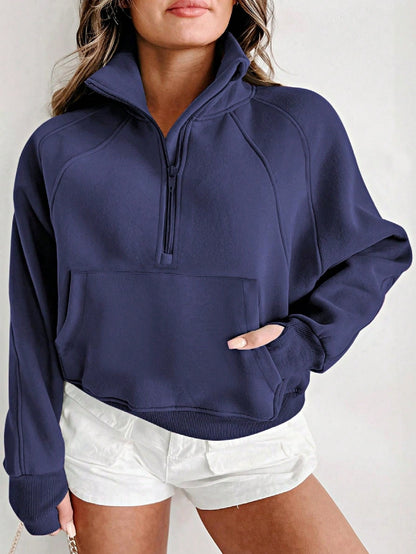 Boho Retro Vintage 90's Cotton Stand Collar  Solid Kangaroo Front Pocket Thumbhole Long Sleeve Zip Up Top Sweatshirt Pullover
