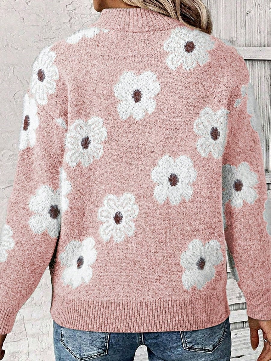 Boho Retro 60's Vintage Half Zip Collar Drop Shoulder Fuzzy Cozy Floral Pink Grey  Shirt Top  Sweatshirt Pullover