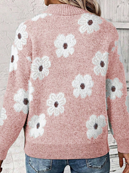 Boho Retro 60's Vintage Half Zip Collar Drop Shoulder Fuzzy Cozy Floral Pink Grey  Shirt Top  Sweatshirt Pullover