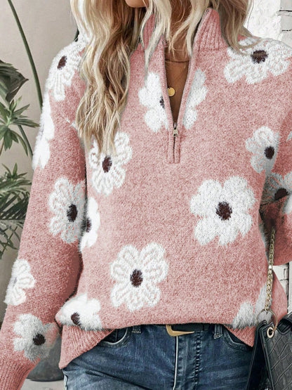 Boho Retro 60's Vintage Half Zip Collar Drop Shoulder Fuzzy Cozy Floral Pink Grey  Shirt Top  Sweatshirt Pullover