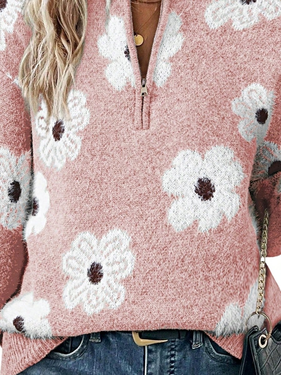 Boho Retro 60's Vintage Half Zip Collar Drop Shoulder Fuzzy Cozy Floral Pink Grey  Shirt Top  Sweatshirt Pullover