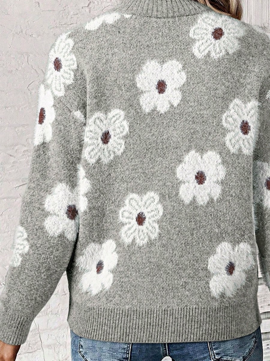 Boho Retro 60's Vintage Half Zip Collar Drop Shoulder Fuzzy Cozy Floral Pink Grey  Shirt Top  Sweatshirt Pullover