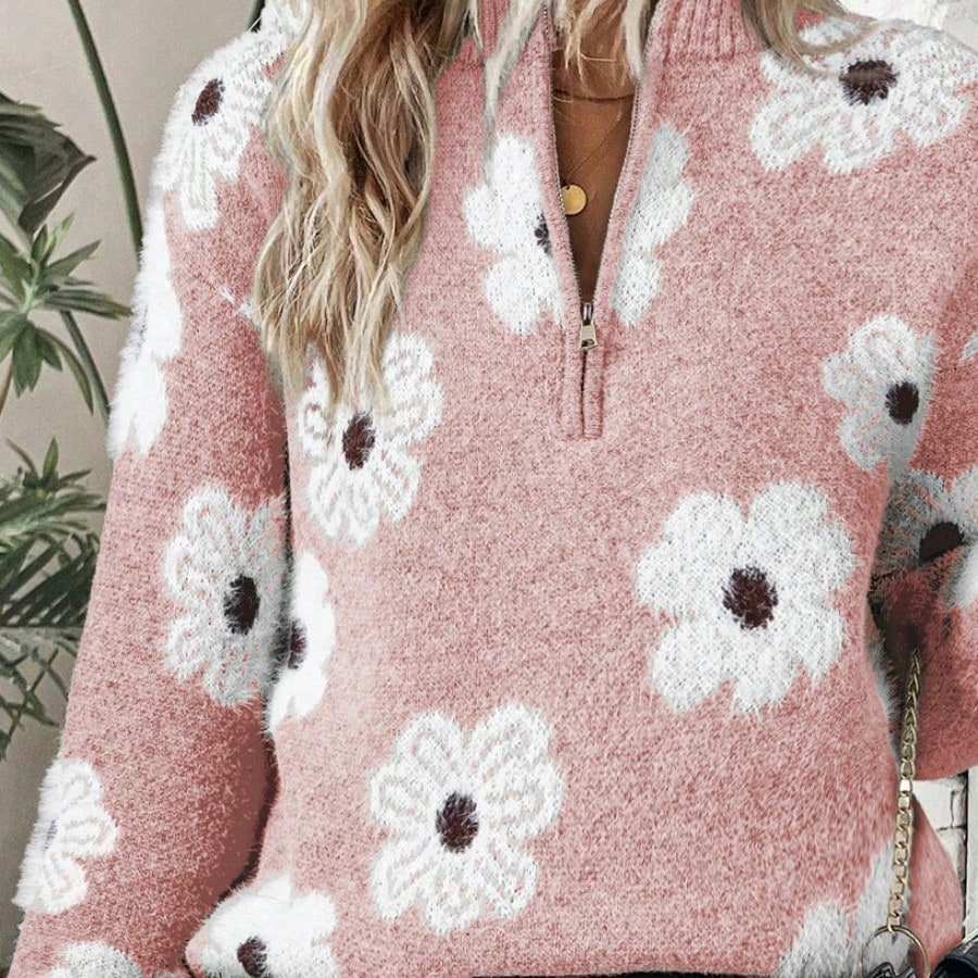 Boho Retro 60's Vintage Half Zip Collar Drop Shoulder Fuzzy Cozy Floral Pink Grey  Shirt Top  Sweatshirt Pullover