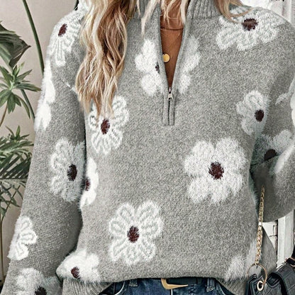 Boho Retro 60's Vintage Half Zip Collar Drop Shoulder Fuzzy Cozy Floral Pink Grey  Shirt Top  Sweatshirt Pullover