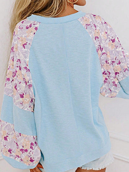 Boho Retro Vintage 60's Vibe Cream Cotton Raglan Lantern Bubble Puff  Sleeve  Floral Rib Patchwork Top Sweat Shirt Blouse