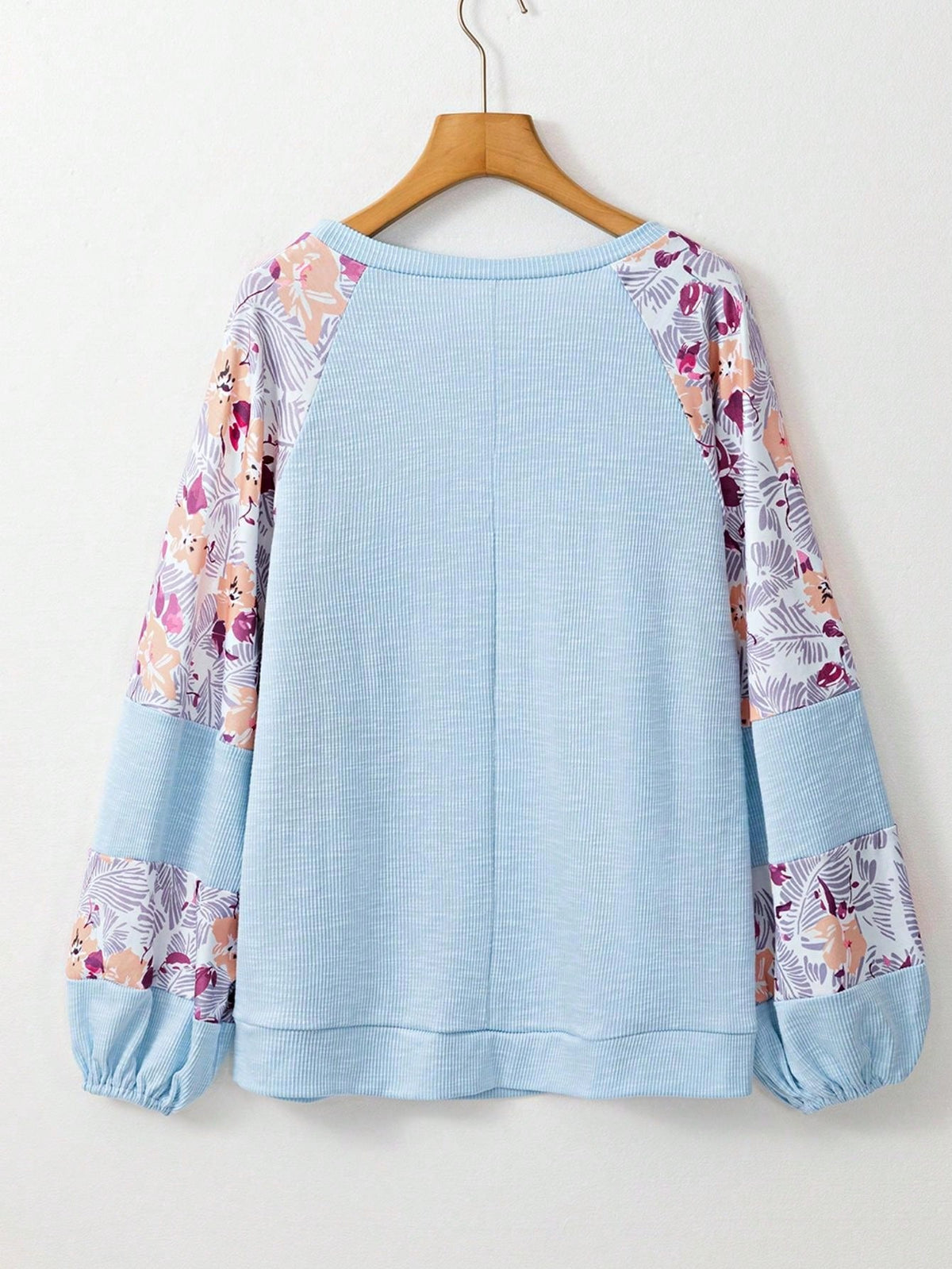 Boho Retro Vintage 60's Vibe Cream Cotton Raglan Lantern Bubble Puff  Sleeve  Floral Rib Patchwork Top Sweat Shirt Blouse