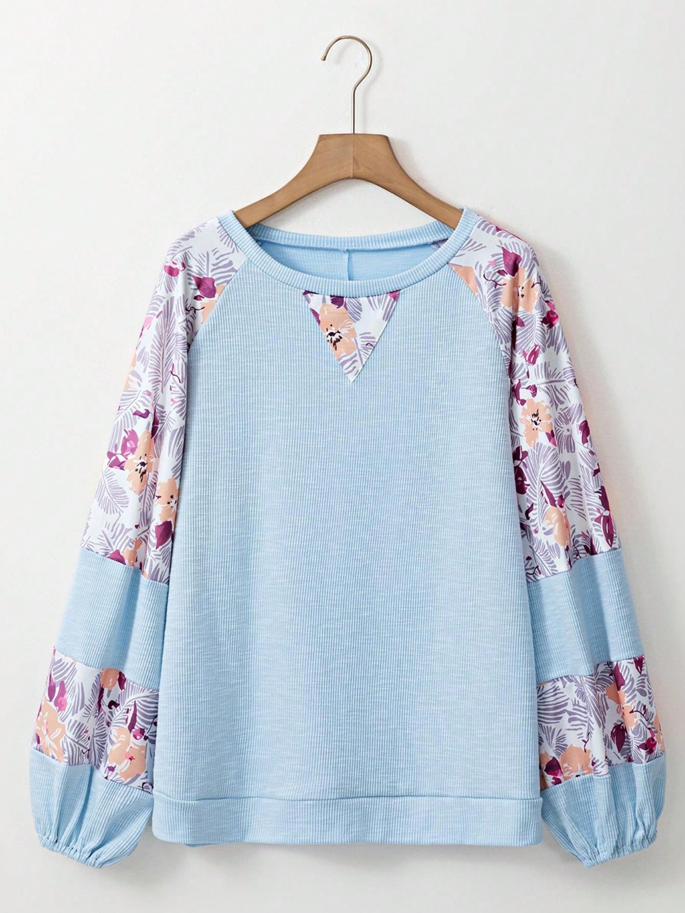 Boho Retro Vintage 60's Vibe Cream Cotton Raglan Lantern Bubble Puff  Sleeve  Floral Rib Patchwork Top Sweat Shirt Blouse