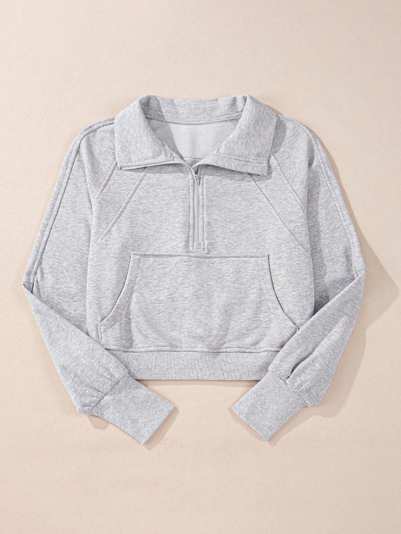 Boho Retro Vintage 90's Cotton Stand Collar  Solid Kangaroo Front Pocket Thumbhole Long Sleeve Zip Up Top Sweatshirt Pullover