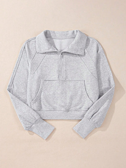 Boho Retro Vintage 90's Cotton Stand Collar  Solid Kangaroo Front Pocket Thumbhole Long Sleeve Zip Up Top Sweatshirt Pullover