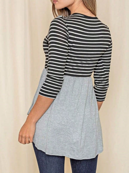 Boho Vintage Stripe Cute Baby Doll High And Low Top Blouse Tunic With Side Slit Small To 3 XL Plus