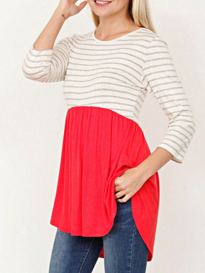 Boho Vintage Stripe Cute Baby Doll High And Low Top Blouse Tunic With Side Slit Small To 3 XL Plus