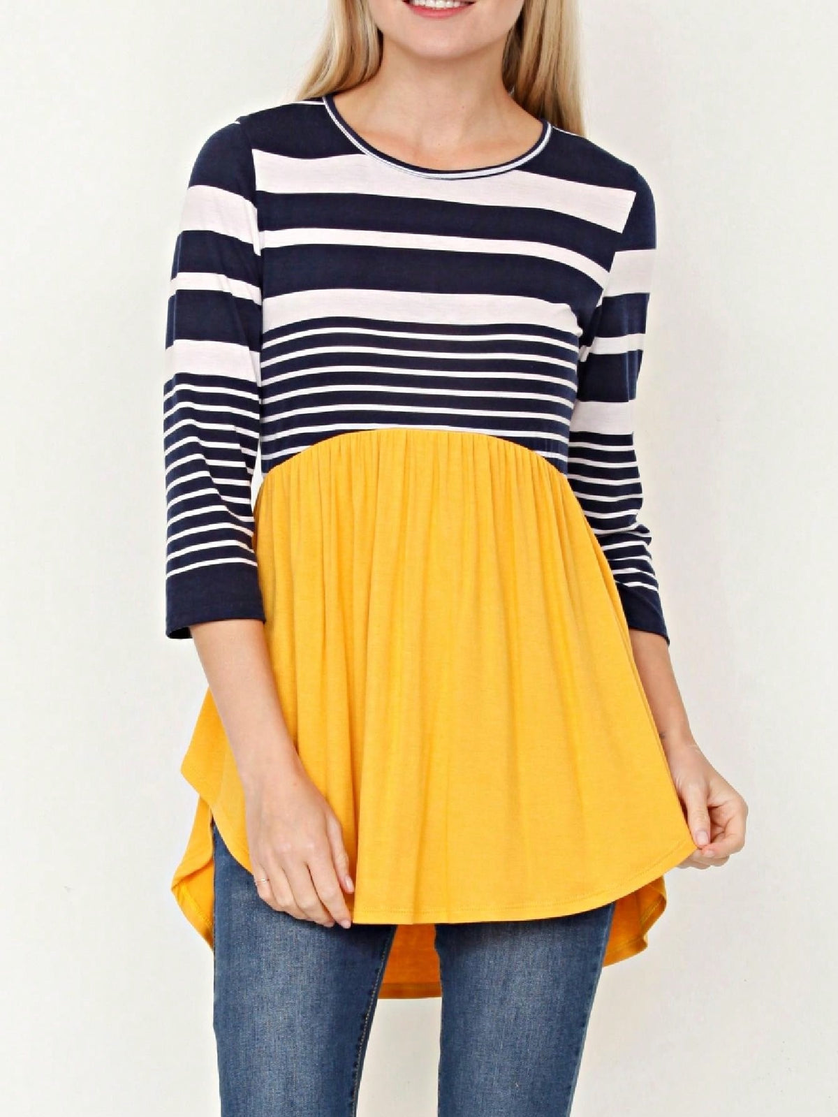 Boho Vintage Stripe Cute Baby Doll High And Low Top Blouse Tunic With Side Slit Small To 3 XL Plus