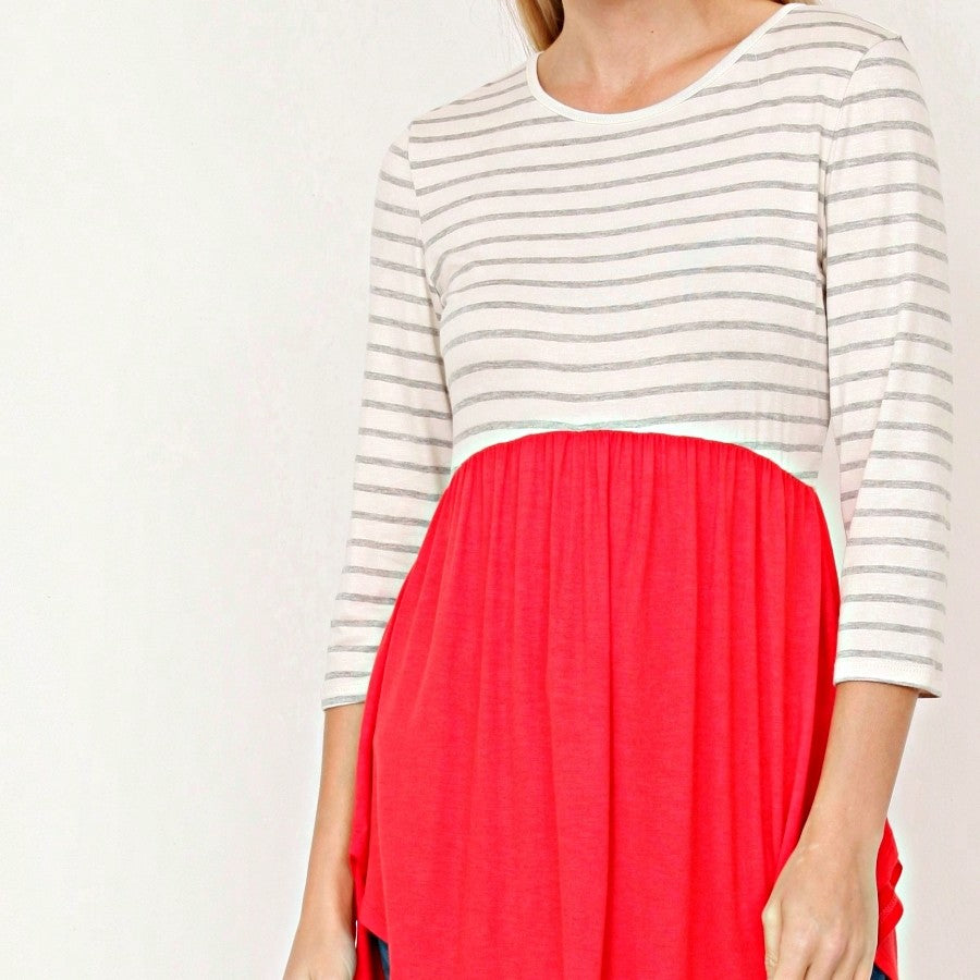 Boho Vintage Stripe Cute Baby Doll High And Low Top Blouse Tunic With Side Slit Small To 3 XL Plus