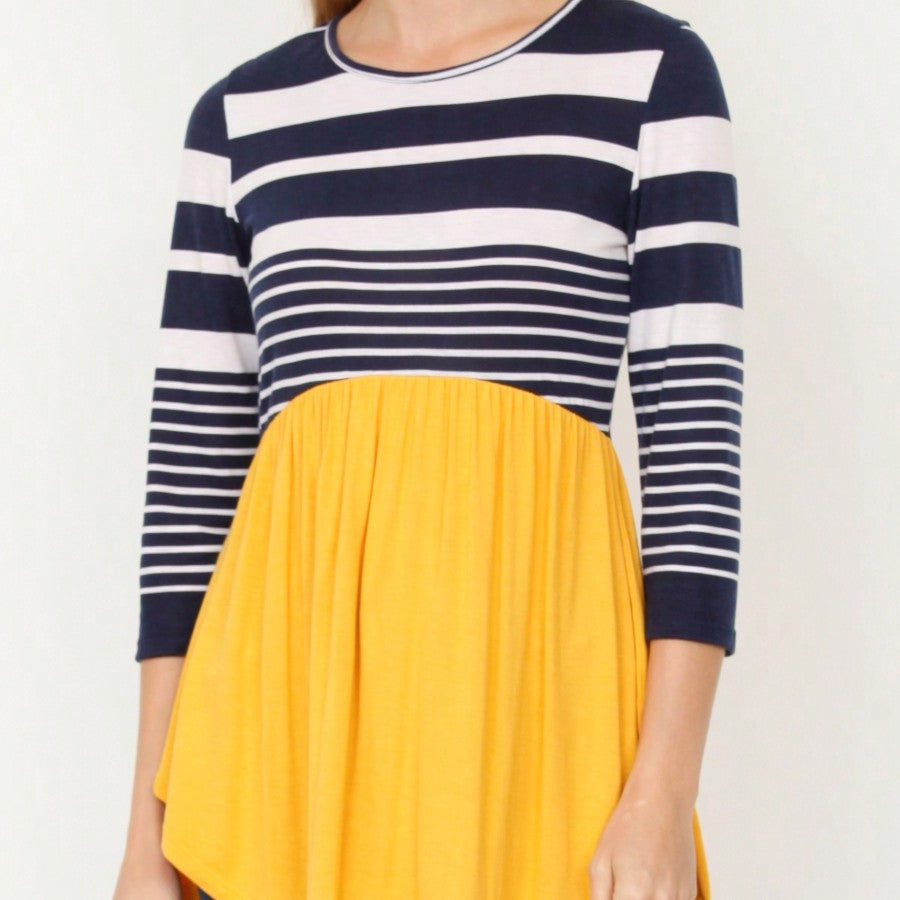 Boho Vintage Stripe Cute Baby Doll High And Low Top Blouse Tunic With Side Slit Small To 3 XL Plus