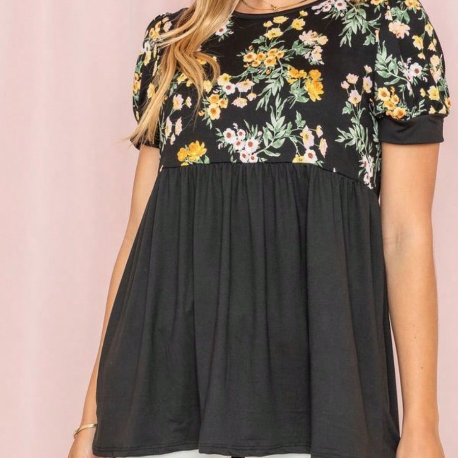 Boho Retro Baby Doll Ivory Navy Blue Floral Color Block Tunic Top Shirt