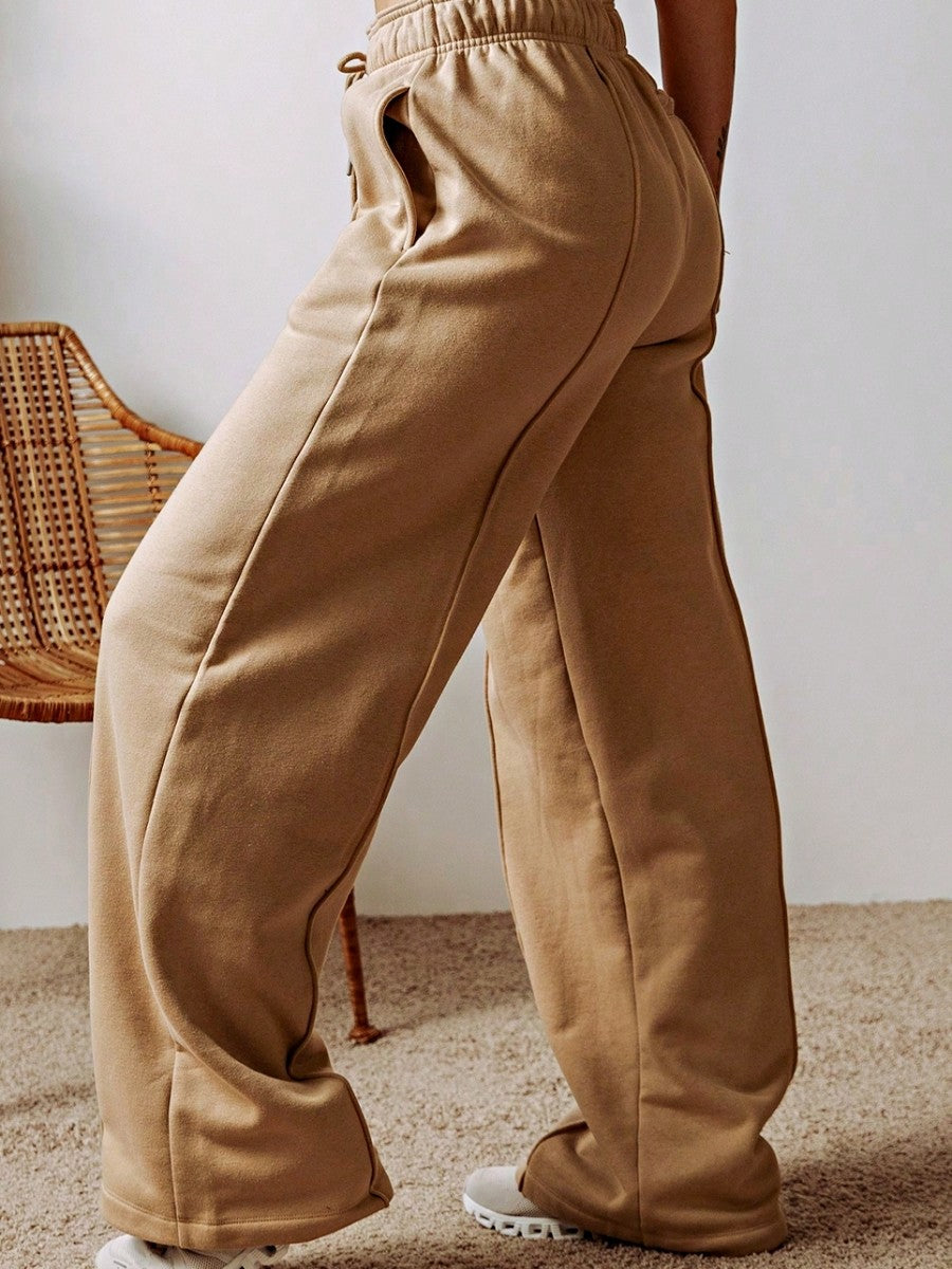 Boho Retro 60's Solid Khaki Smoke Gray Bottom Wide Leg Cotton Mix  Drawstring With Pocket Pants