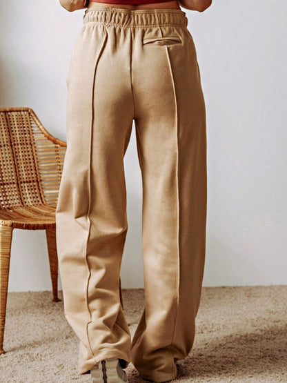 Boho Retro 60's Solid Khaki Smoke Gray Bottom Wide Leg Cotton Mix  Drawstring With Pocket Pants