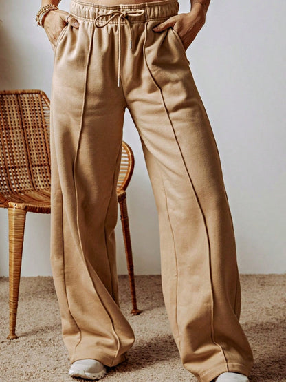 Boho Retro 60's Solid Khaki Smoke Gray Bottom Wide Leg Cotton Mix  Drawstring With Pocket Pants