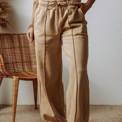 Boho Retro 60's Solid Khaki Smoke Gray Bottom Wide Leg Cotton Mix  Drawstring With Pocket Pants