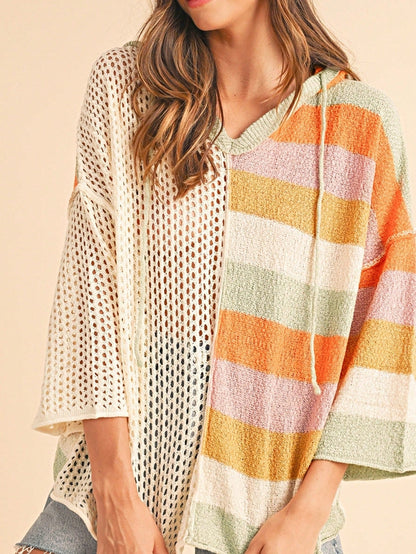 Boho Retro Vintage 60's  Drop Shoulder Wide Kimono Camouflage Marble Acid Sleeve Stripe Eyelet Overs Sized  Sweater Knit Hood Pullover Hodie