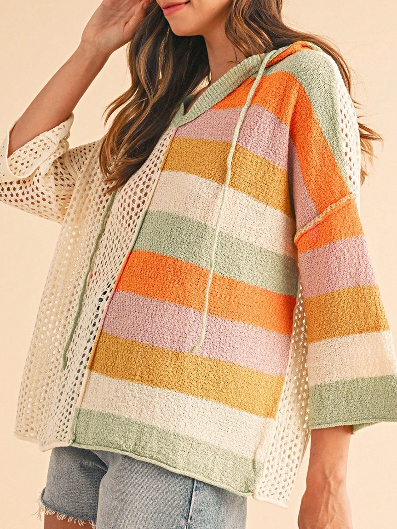 Boho Retro Vintage 60's  Drop Shoulder Wide Kimono Camouflage Marble Acid Sleeve Stripe Eyelet Overs Sized  Sweater Knit Hood Pullover Hodie