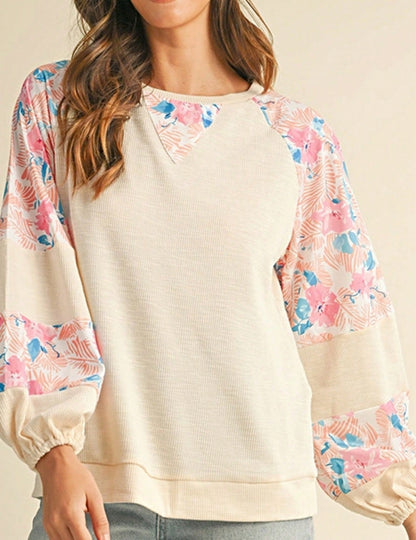 Boho Retro Vintage 60's Vibe Cream Cotton Raglan Lantern Bubble Puff  Sleeve  Floral Rib Patchwork Top Sweat Shirt Blouse