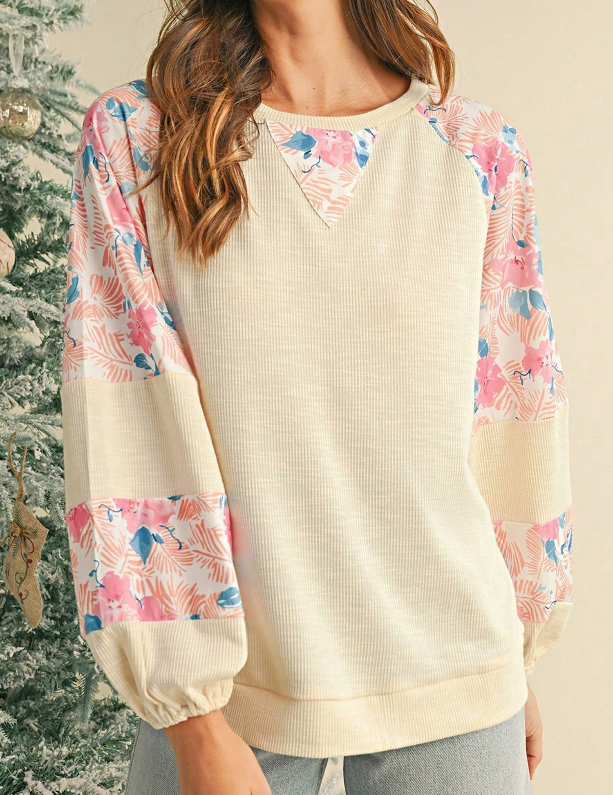 Boho Retro Vintage 60's Vibe Cream Cotton Raglan Lantern Bubble Puff  Sleeve  Floral Rib Patchwork Top Sweat Shirt Blouse