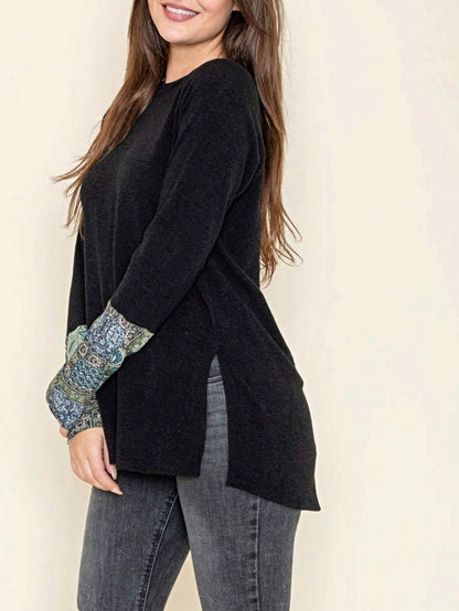 Boho Retro Solid Color Side Slit Quarter Sleeve High And Low Raglan Pleated Back  Rayon Soft Top Shirt Blouse | Small-3 XL