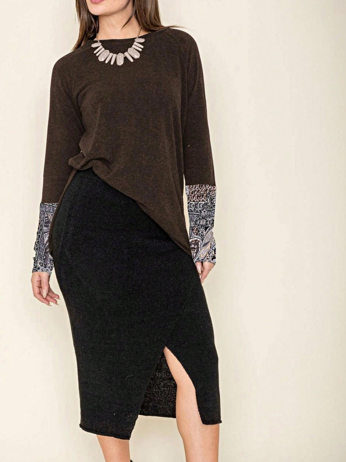 Boho Retro Solid Color Side Slit Quarter Sleeve High And Low Raglan Pleated Back  Rayon Soft Top Shirt Blouse | Small-3 XL