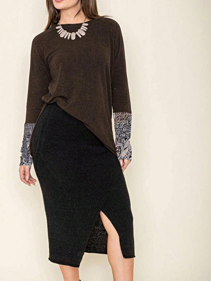 Boho Retro Solid Color Side Slit Quarter Sleeve High And Low Raglan Pleated Back  Rayon Soft Top Shirt Blouse | Small-3 XL