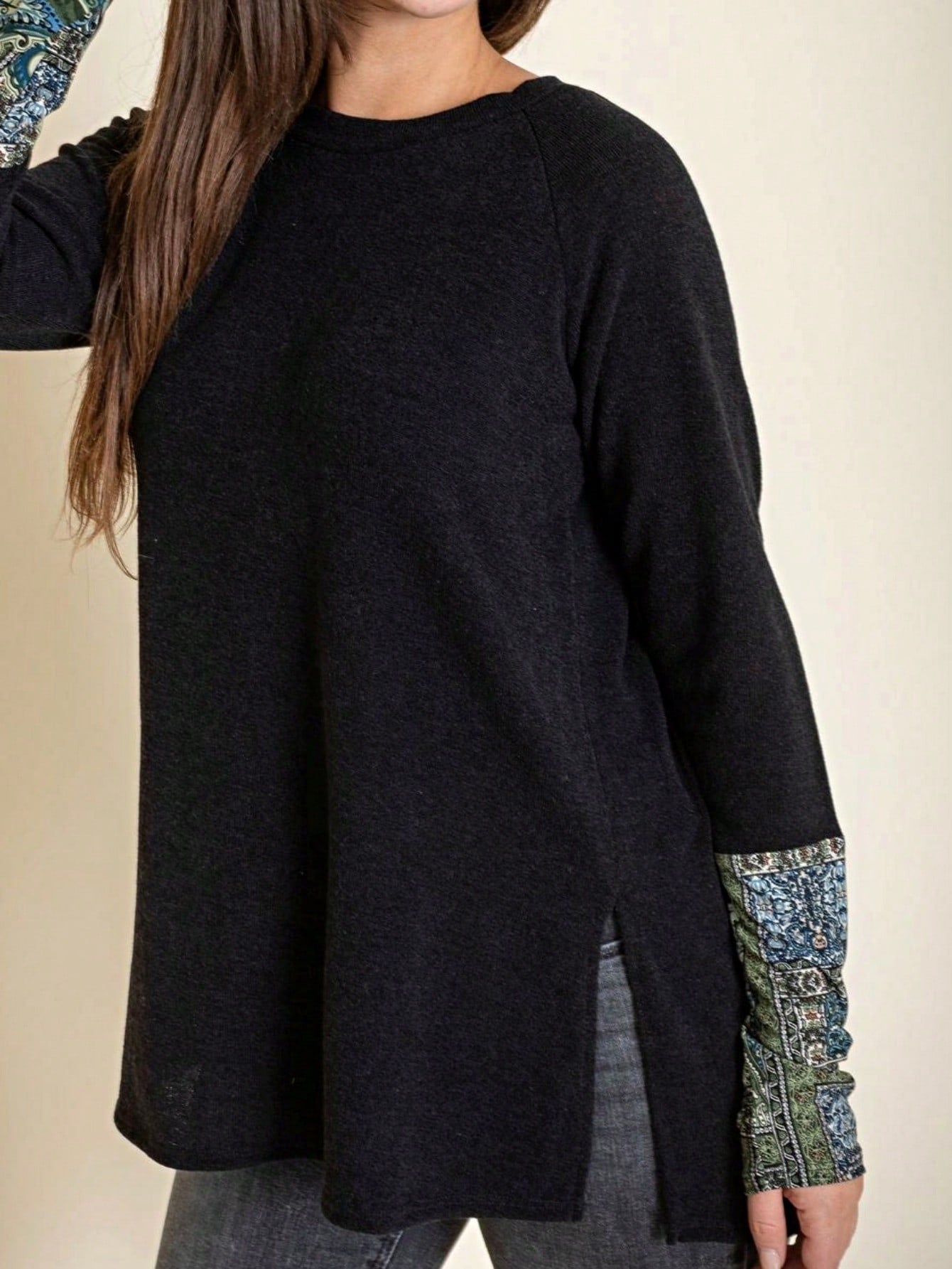 Boho Retro Solid Color Side Slit Quarter Sleeve High And Low Raglan Pleated Back  Rayon Soft Top Shirt Blouse | Small-3 XL