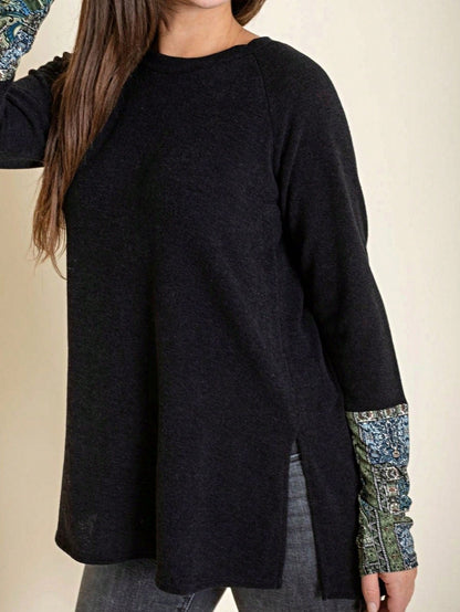 Boho Retro Solid Color Side Slit Quarter Sleeve High And Low Raglan Pleated Back  Rayon Soft Top Shirt Blouse | Small-3 XL