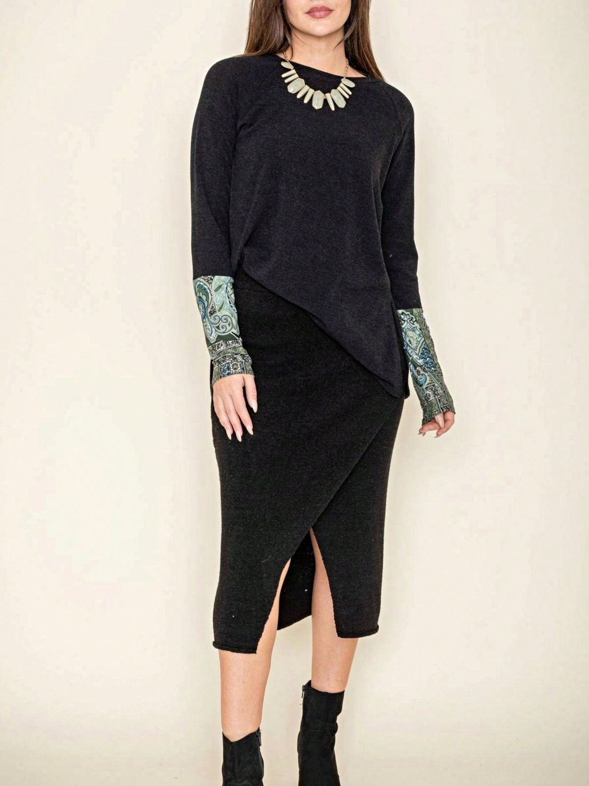 Boho Retro Solid Color Side Slit Quarter Sleeve High And Low Raglan Pleated Back  Rayon Soft Top Shirt Blouse | Small-3 XL
