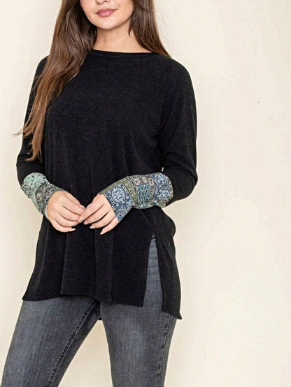 Boho Retro Solid Color Side Slit Quarter Sleeve High And Low Raglan Pleated Back  Rayon Soft Top Shirt Blouse | Small-3 XL
