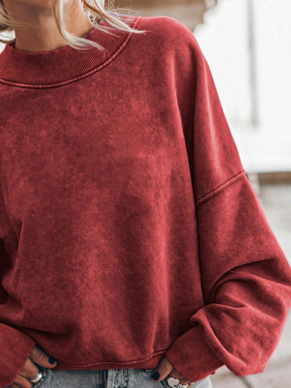 Boho Retro 60's Cotton Mix  Drop Shoulder Mineral Acid Washed Oversized Mock Neck Dolman T Shirt Top  Sweat Shirt
