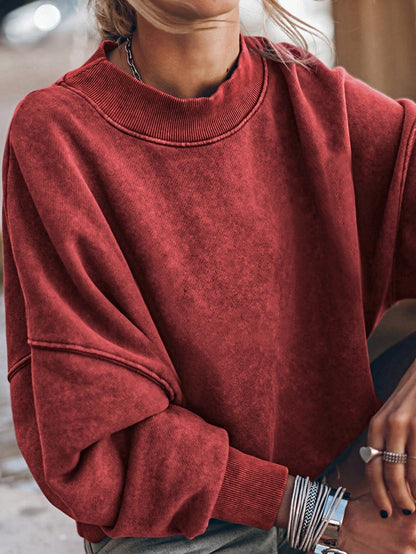 Boho Retro 60's Cotton Mix  Drop Shoulder Mineral Acid Washed Oversized Mock Neck Dolman T Shirt Top  Sweat Shirt