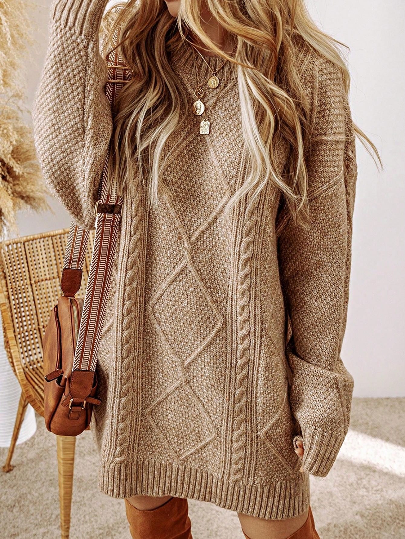 Boho Vacation 90's Cozy Fall/Winter Cable Knit Drop Shoulder Loose Fit Sweater Dress