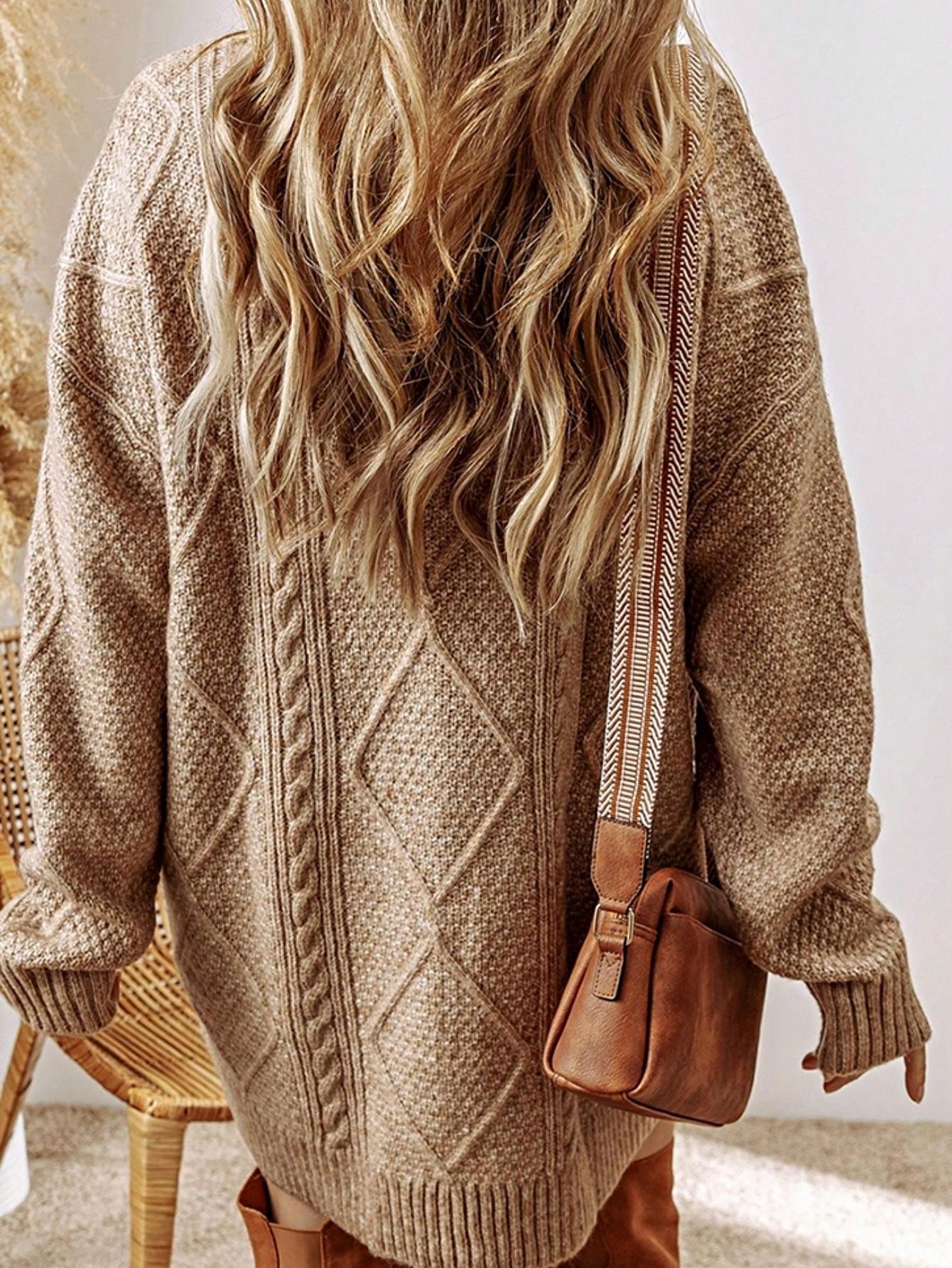 Boho Vacation 90's Cozy Fall/Winter Cable Knit Drop Shoulder Loose Fit Sweater Dress