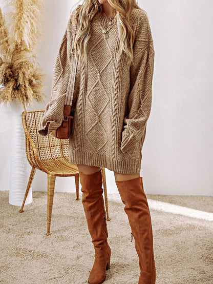 Boho Vacation 90's Cozy Fall/Winter Cable Knit Drop Shoulder Loose Fit Sweater Dress