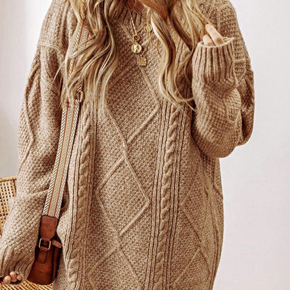Boho Vacation 90's Cozy Fall/Winter Cable Knit Drop Shoulder Loose Fit Sweater Dress