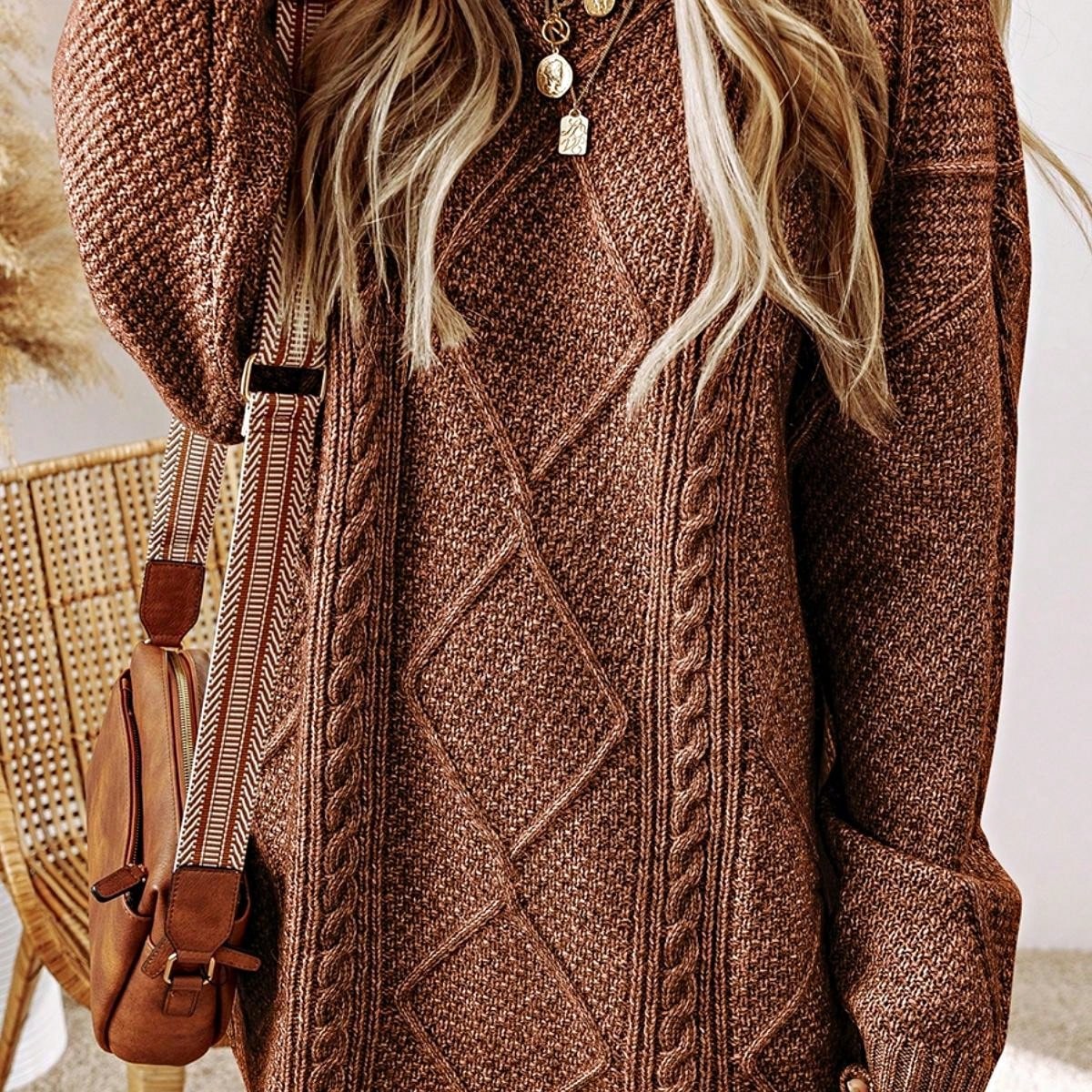 Boho Vacation 90's Cozy Fall/Winter Cable Knit Drop Shoulder Loose Fit Sweater Dress
