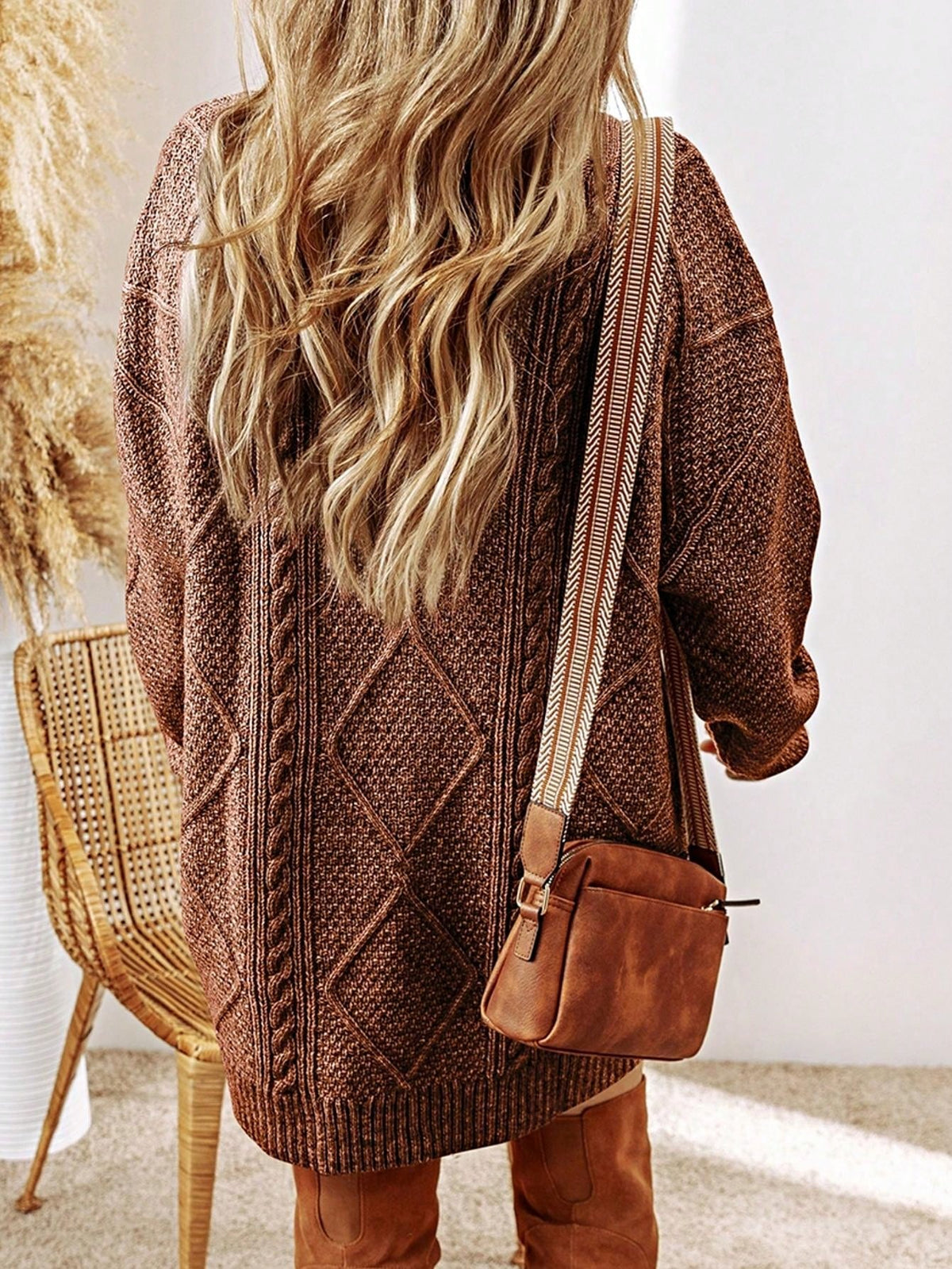Boho Vacation 90's Cozy Fall/Winter Cable Knit Drop Shoulder Loose Fit Sweater Dress