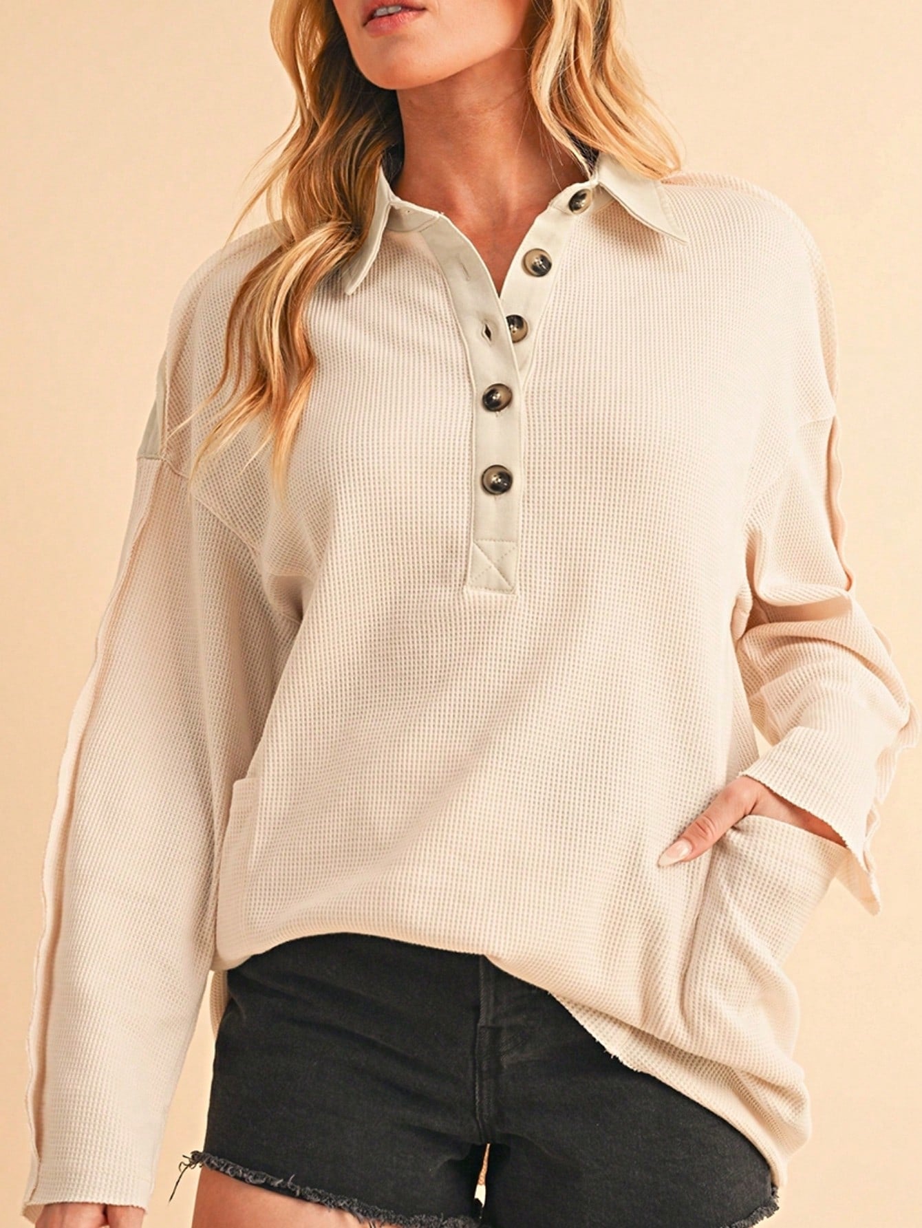 Boho Retro Vintage 90's Cotton Vanilla Beige Button Waffle Patchwork Long Pocket Sleeve Henley Knit Top Sweat Shirt Pullover